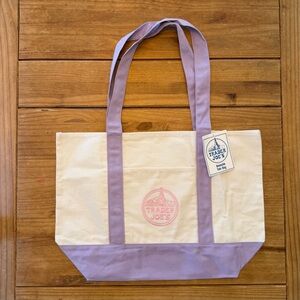 NWT Trader Joe’s LARGE Canvas Reusable Tote Bag - Cream with Lavender Straps